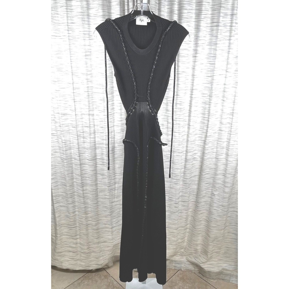 Aje Sculptra Arp Cut-Out Midi Dress Black‎ Ribbed Knit Rope Trim Size Small